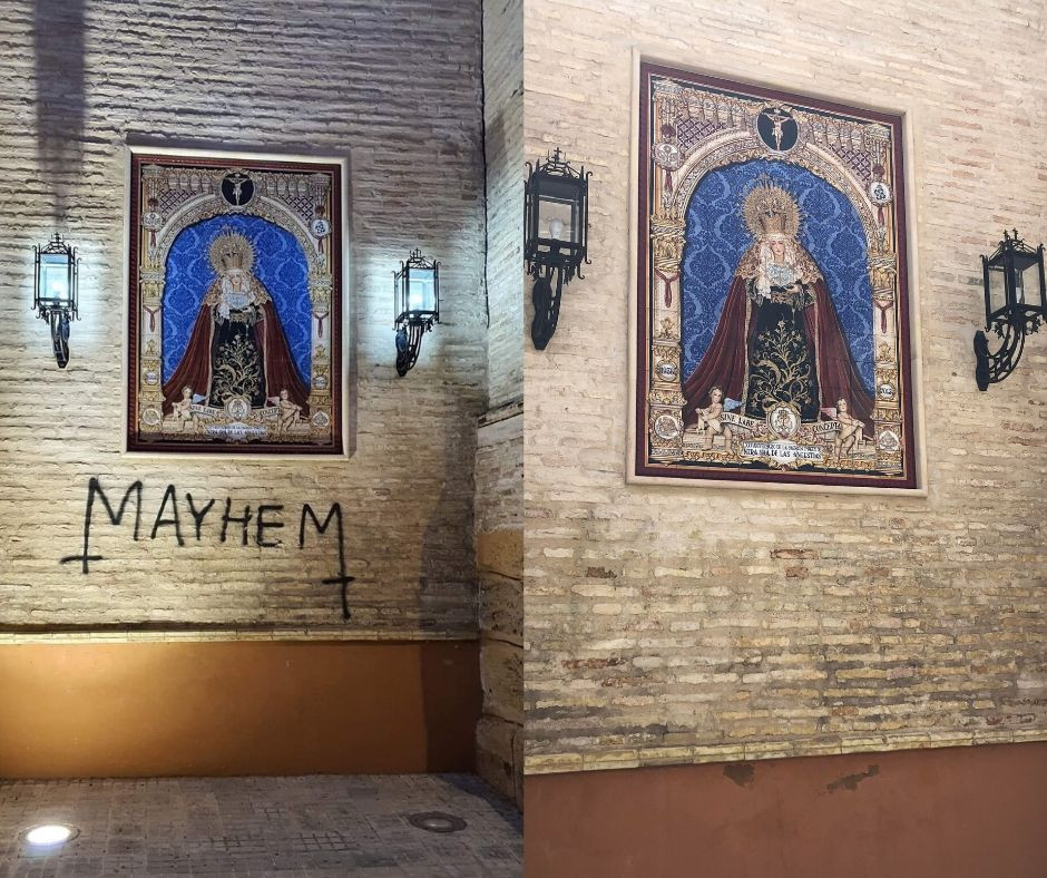 La Hermandad de la Esperanza denuncia una pintada junto el retablo de la Virgen de las Angustias en Arahal