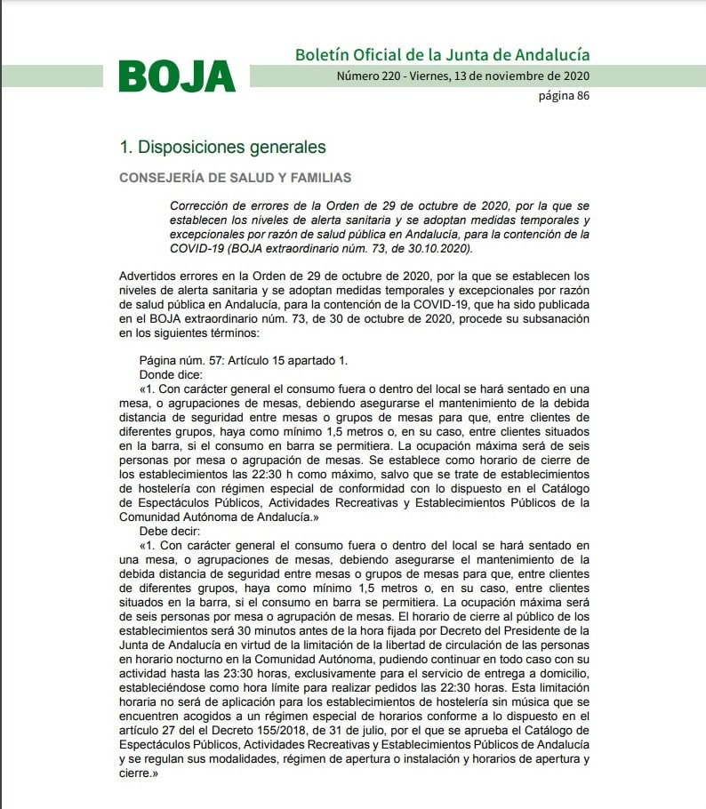 La Junta corrige y deja a la hostelería abrir hasta las 23:30 para reparto a domicilio