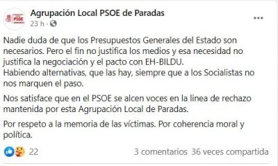 El PSOE de Paradas rechaza el pacto con EH-Bildu "por respeto a la memoria de las víctimas"