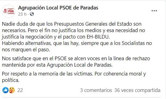 El PSOE de Paradas rechaza el pacto con EH-Bildu "por respeto a la memoria de las víctimas"