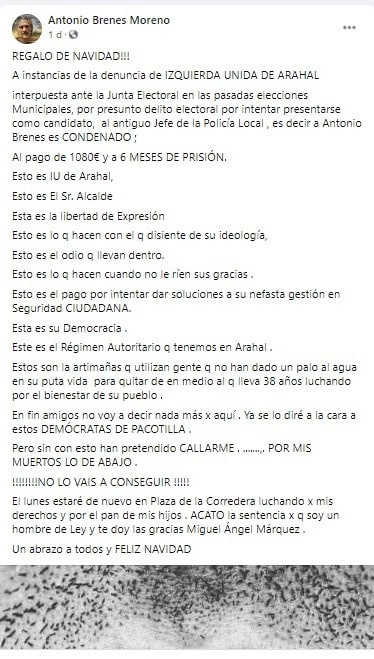 Seis meses de prisión al exjefe policial de Arahal por presentarse a las elecciones