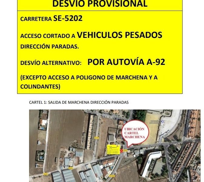 Cortan dos meses el tráfico de vehículos pesados la carretera SE-5202, que une Arahal, Paradas y Marchena