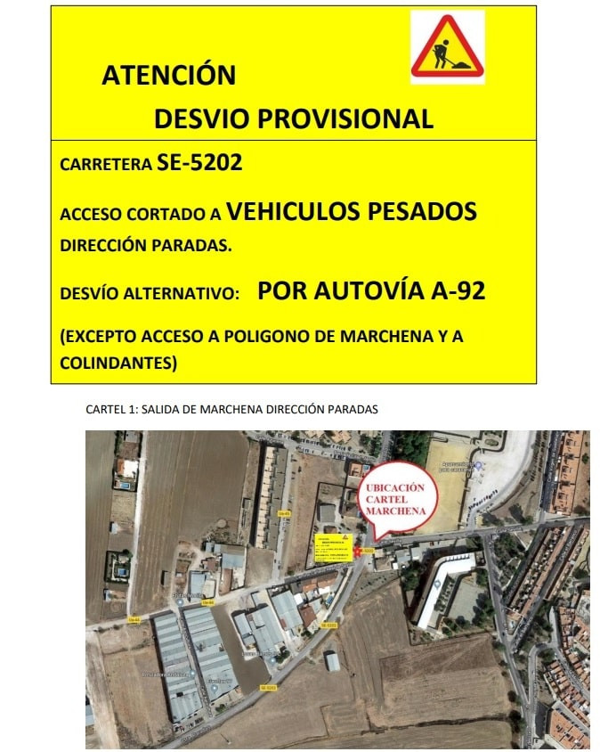 Cortan dos meses el tráfico de vehículos pesados la carretera SE-5202, que une Arahal, Paradas y Marchena