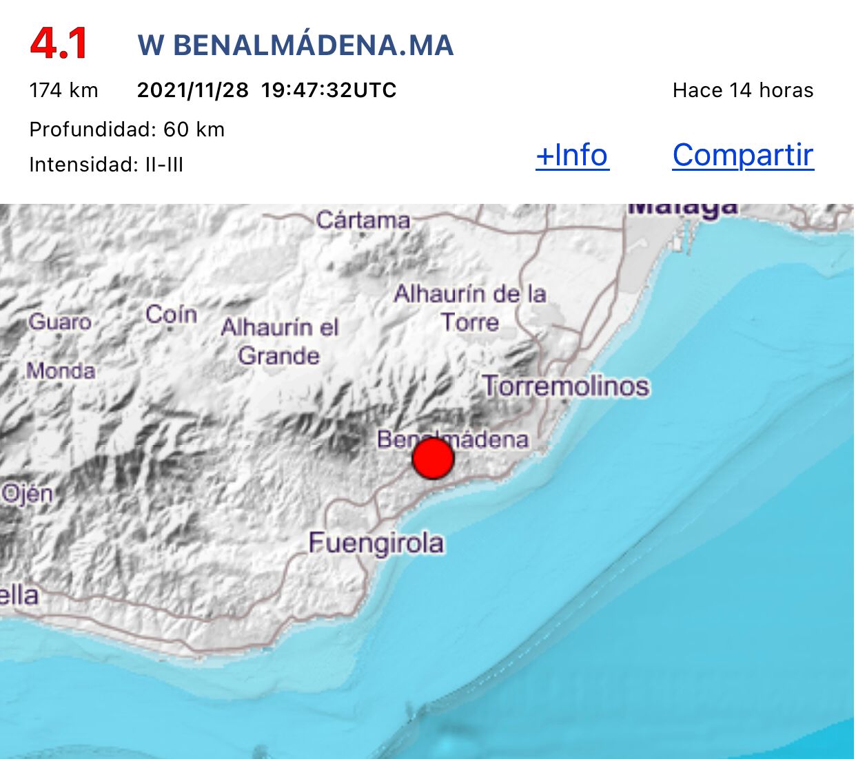 Registrado un terremoto de magnitud 4,1 con epicentro en Benalmádena
