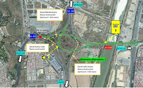 Nuevos cortes de tráfico en un ramal de la SE-30 por las obras del nudo de La Pañoleta