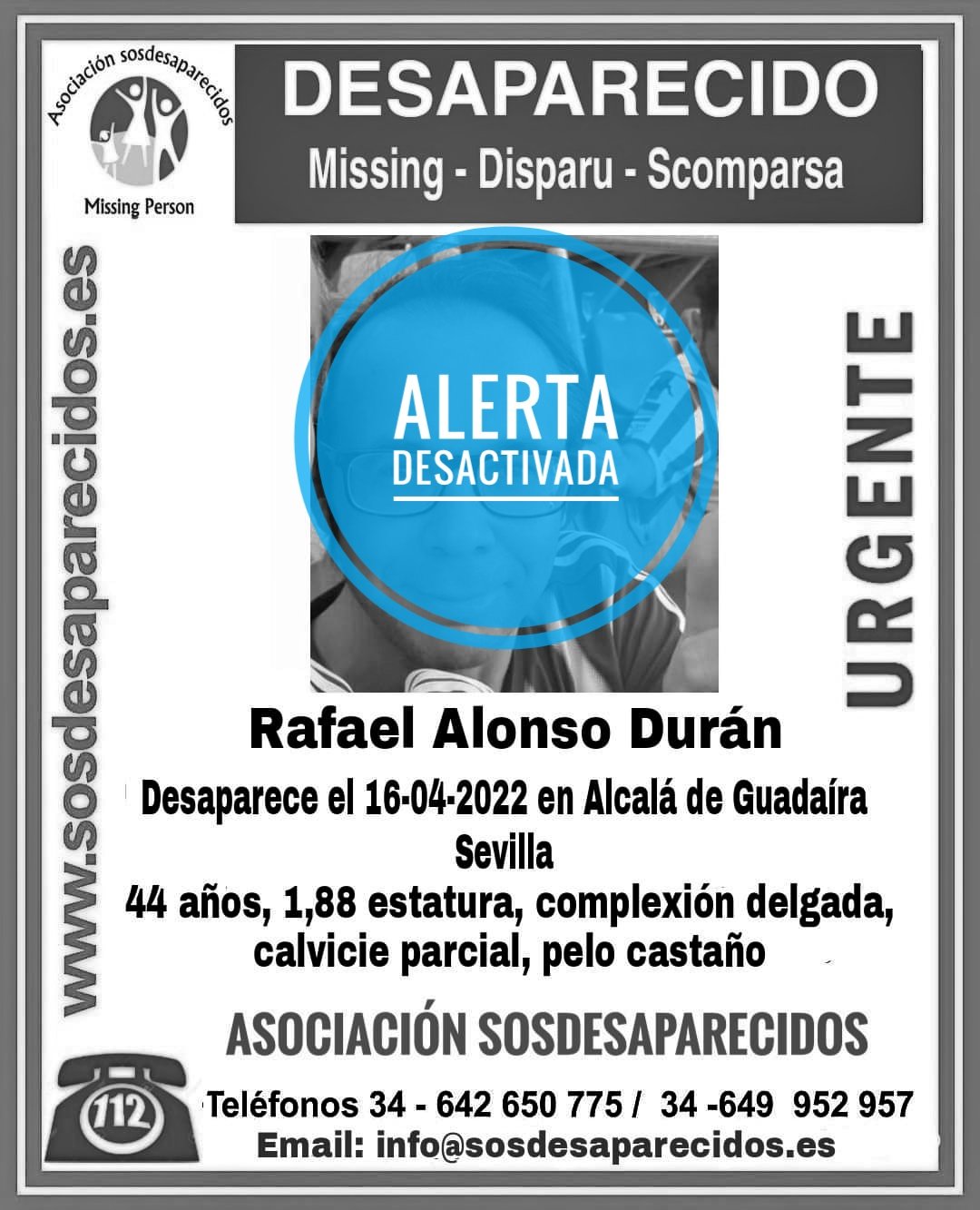Localizan al hombre desaparecido en Alcalá de Guadaíra este sábado