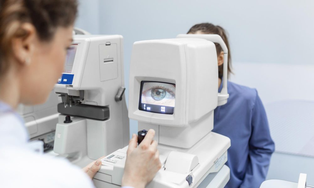 Optico optometrista revisando la vision de un paciente